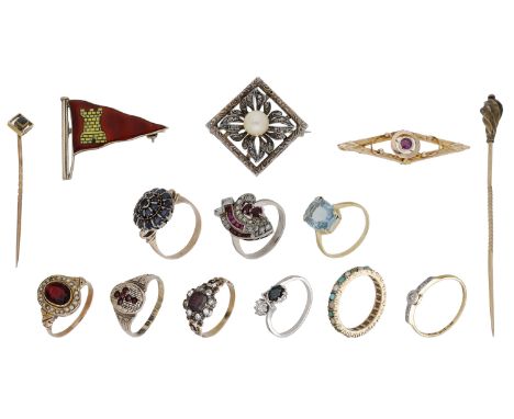 A collection of jewels, to include a diamond ring, a ruby and diamond ring converted from an Art Deco jewel, a cultured pearl