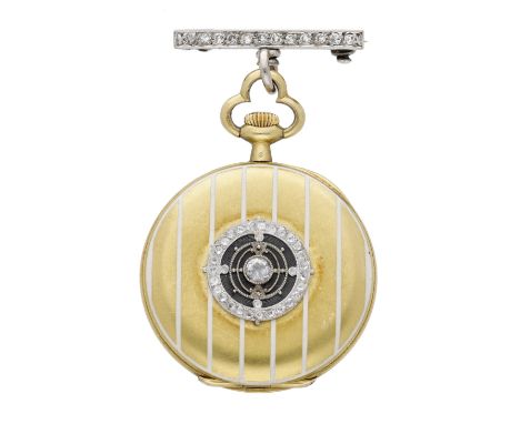 Swiss. A gold, enamel and diamond-set open-faced keyless watch, circa 1920. Movement: lever escapement. Dial: silvered, engin