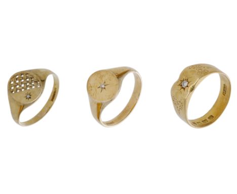 Three gold rings, comprising two 9ct gold signet rings, one with pierced, basket weave decoration, together with an 18ct gold