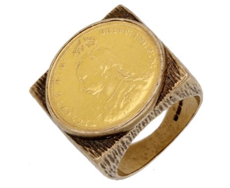 A coin set ring, the Victoria sovereign, 1887, collet set to a 9ct gold mount with square profile and textured bark finish, L