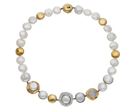 An 18ct gold, cultured pearl and diamond necklace by Charles de Temple, 1985, the cultured bouton pearls spaced by flattened 