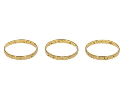 A gold posy ring, 18th century, the exterior with engraved scroll decoration, the interior inscribed ‘Vertue gaineth glory’, 