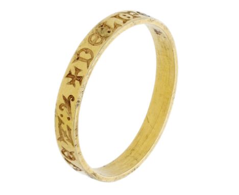 A Medieval gold posy ring, early 14th century, with rectangular cross section hoop, the exterior finely engraved with Lombard