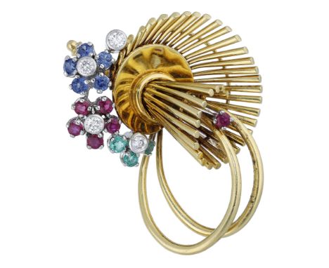 A mid 20th century gem-set set brooch, the spiral of polished batons issuing two wirework hoops below, set to one side with a