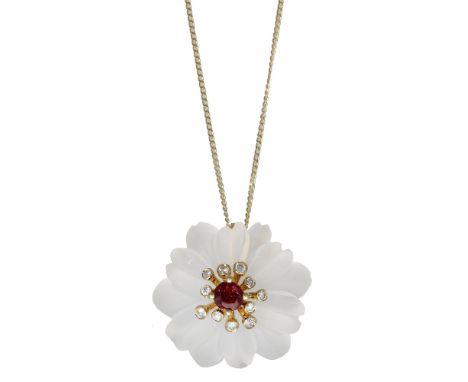 A gem-set pendant, the carved rock crystal flowerhead with circular-cut ruby centre and brilliant-cut diamond set stamen, to 