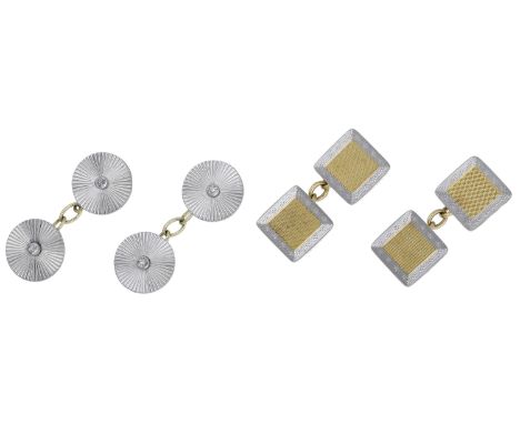 Two pairs of cufflinks, the first pair of bicoloured square design with engine-turned decoration, the second pair circular an