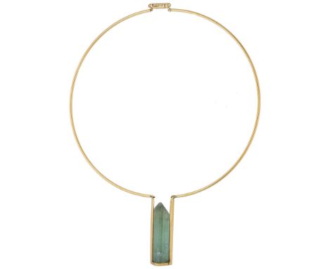 An 18ct gold and tourmaline  necklace by Ulla Hornfeltd, 2008, the twin section tubular collar suspending a central green tou