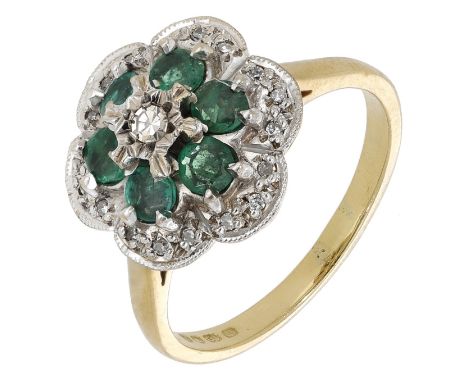 An emerald and diamond cluster ring, of flowerhead design, set with alternating circular-cut emeralds and single-cut diamonds