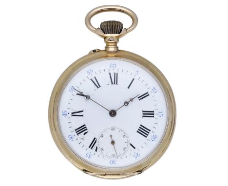H. Jondet. A gold open-faced watch keyless watch, circa 1890. Movement: jewelled lever escapement. Dial: white enamel, Roman 