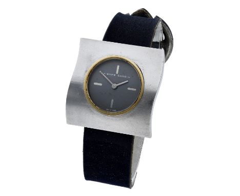 Pierre Cardin / Jaeger. A steel and gold plated rectangular wristwatch, Espace Collection, circa 1971. Movement: cal. 36, man