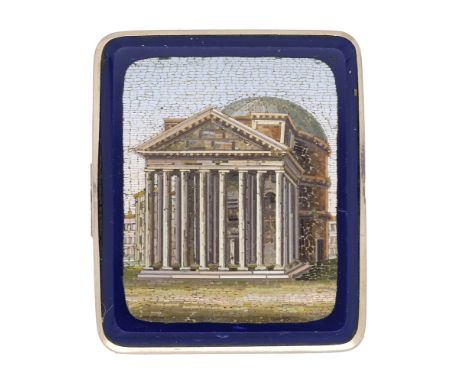 A 19th century Italian micro-mosaic brooch, of rectangular form, depicting the Pantheon, Rome, within blue glass surround, mo