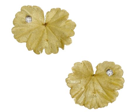 A pair of 18ct gold ‘Geranium Leaf’ earrings by Andrew Grima, 1972, realistically modelled and with textured bloom finish, ea