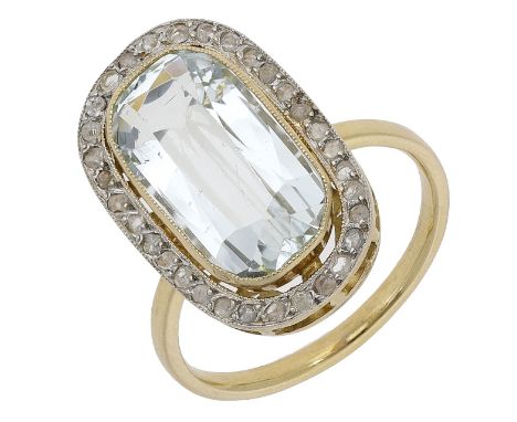 An aquamarine and diamond ring, set with a cushion-shaped aquamarine within a surround of rose-cut diamonds, ring size M.  £3