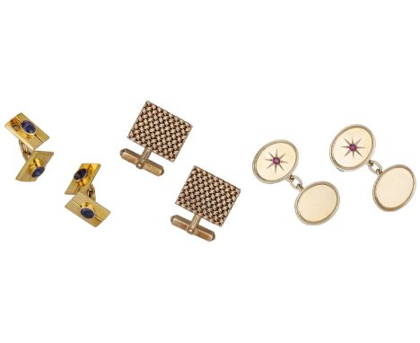 Three pairs of gold cufflinks, comprising a pair of woven 9ct gold cufflinks, a pair of of oval 9ct gold cufflinks, one side 