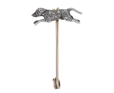 An antique diamond dog pin, realistically modelled as a running hound, set throughout with rose-cut diamonds and with gem-set