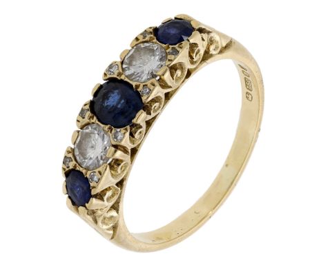 A sapphire and diamond five stone ring, set with oval and circular-cut sapphires and brilliant-cut diamonds, to an openwork s