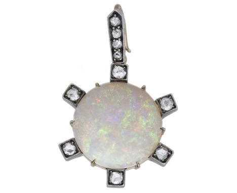 An opal and diamond pendant, circa 1890, the circular opal cabochon with rose-cut diamond highlights to the surround, the det