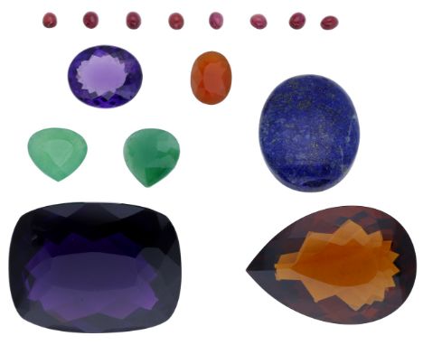 A small group of vari-cut loose gemstones, to include ruby, amethyst, carnelian, lapis lazuli and citrine, various dimensions