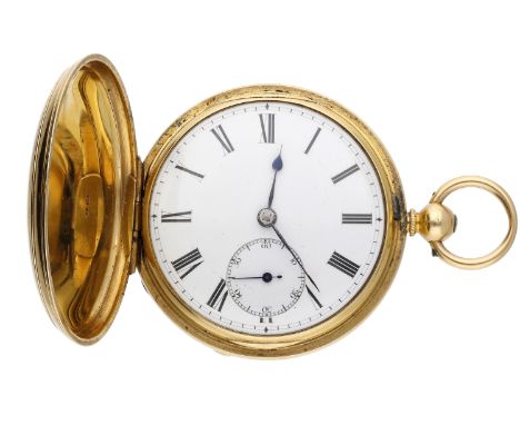 English. A gold hunting cased watch, 1874. Movement: gilt full plate, lever escapement, engraved balance cock, no. 9367. Dial
