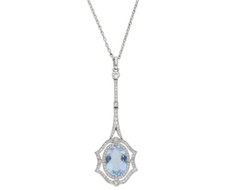 An aquamarine and diamond pendant, the oval-cut aquamarine in an openwork cartouche-shaped surround set with old brilliant-cu