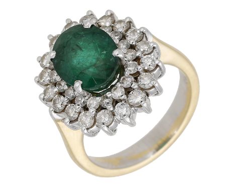 An emerald and diamond cluster ring, set with an oval-cut emerald within a surround of brilliant-cut diamonds, stamped ‘750’,