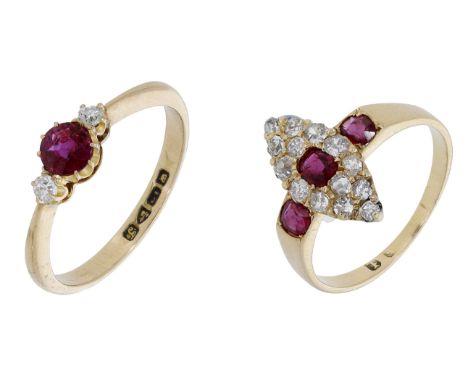 Two antique ruby and diamond rings, the first navette-shaped and set with a cushion -shaped ruby within a surround of old bri
