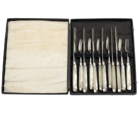 A cased set of silver fruit knives and forks, possibly John Orme, 1809 and 1813, comprising six knives and six forks, the kni