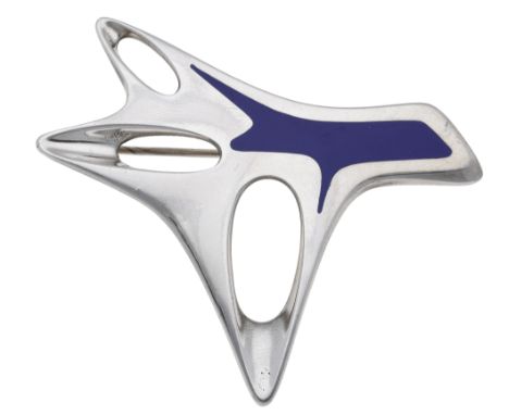 A silver and blue enamel tree brooch, design No. 323, designed by Henning Koppel for Georg Jensen, post 1945, the stylised op