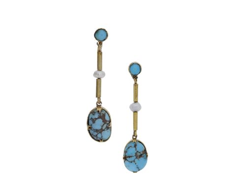 A pair of early 20th century gold and turquoise ear pendants, the turquoise cabochon surmounts suspending a gold bar and seed