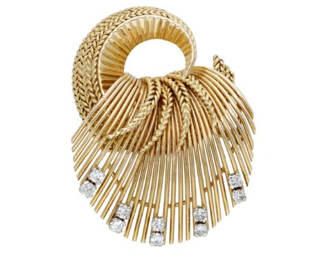 A diamond brooch, circa 1950, the stylised spray with polished fronds and woven ropetwist detailing, set with single-cut diam