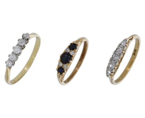 Three diamond rings, comprising two diamond five stone rings and a sapphire and diamond ring, total diamond weight approximat