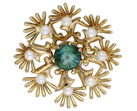 A 9ct gold tourmaline and seed pearl brooch by Cropp & Farr, 1962, of flowerhead design, the circular-cut green tourmaline se