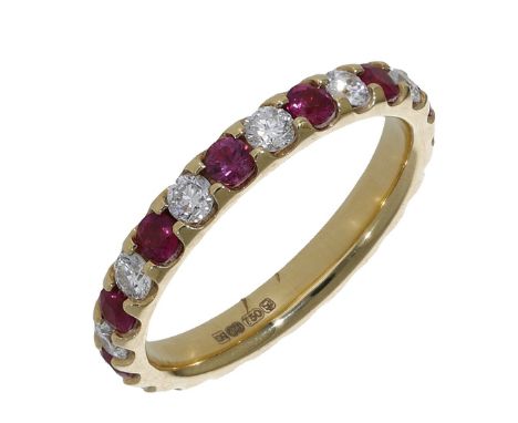 A ruby and diamond eternity ring, set throughout with alternating circular-cut rubies and brilliant-cut diamonds, mounted in 