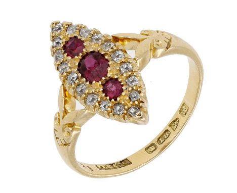 A ruby and diamond ring, 1902, the navette-shaped plaque set with three oval-cut rubies within a surround of old brilliant-cu