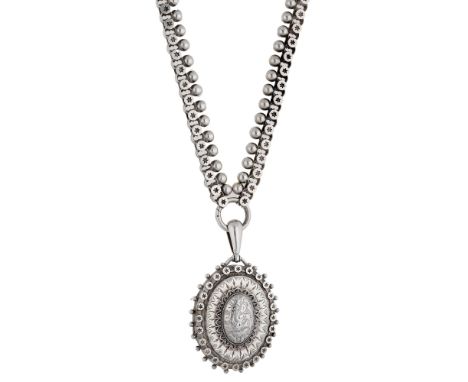 A late 19th century silver collar necklace and locket, of beaded and star-shaped pierced links, suspending an oval hinged loc
