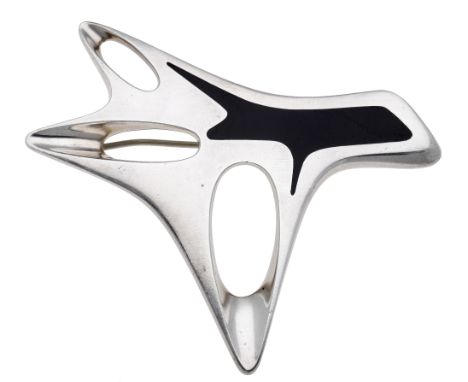 A silver and black enamel tree brooch, design No. 323, designed by Henning Koppel for Georg Jensen, post 1945, the stylised o