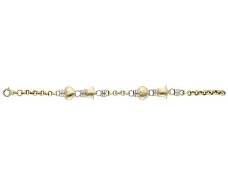 An 18ct gold bracelet by David Morris, the belcher-link chain spaced by polished heart and star motifs with reeded white gold