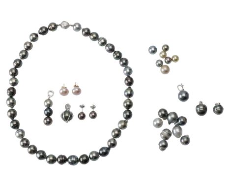 A collection of cultured pearl jewellery, the cultured pearls of mostly black tint, comprising a necklace, five pendants, two