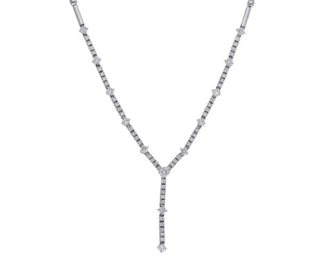 A diamond necklace, the polished baton-link necklace chain leading to a brilliant-cut diamond set frontispiece, stamped ‘14k’