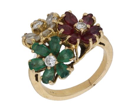 A triple cluster ring, set with a marquise-cut ruby, emerald and diamond flowerhead cluster, to a reeded band, stamped ‘18K’,