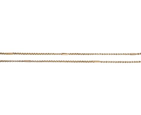 An early 20th century 9ct gold long chain, the fancy-link long chain with swivel hook clasp, stamped ‘9C’, length approximate