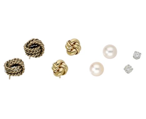 Four pairs of ear studs, comprising a pair of ropetwist and aa pair of plain polished knots, together with a pair of cultured