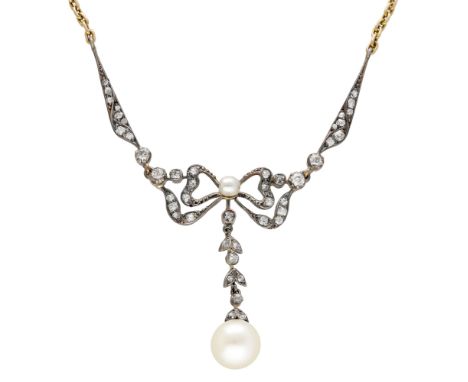 A cultured pearl and diamond necklace, converted from a late 19th century jewel, the front designed as a bow and set througho