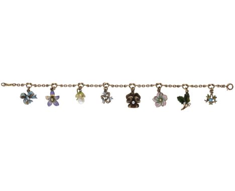 A charm bracelet, suspending various floral charms, most gem-set and with vari-coloured enamel decoration, clasp misstruck, l
