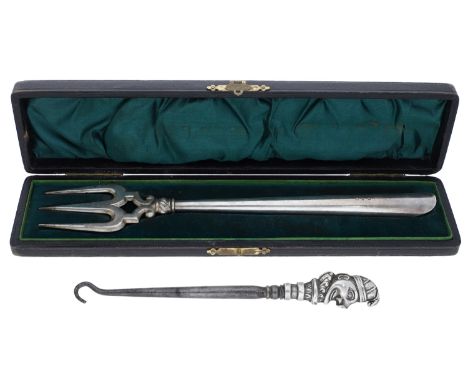 A small collection of antique objects, comprising a silver presentation fork by Adie & Lovekin Limited, 1898, with engraved f