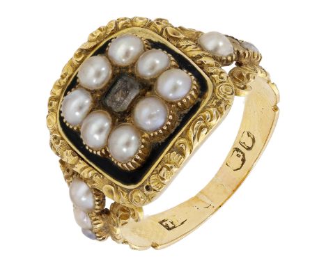A pearl and enamel mourning ring, circa 1825, with a glazed panel to the centre revealing woven hairwork, within a surround o