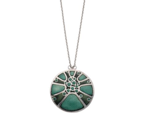 A silver and enamel pendant by Norman Grant, 1978, the circular plaque depicting a stylised microscopic plant structure in sh