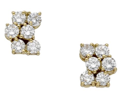 A pair of diamond cluster ear studs, the undulating clusters set throughout with brilliant-cut diamonds, total diamond weight