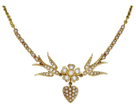 A late 19th / early 20th century gold and seed pearl necklace, the fine belcher-link necklace chain leading to seed pearl set