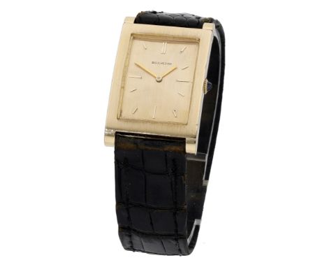 Boucheron. A gold rectangular wristwatch, circa 1970. Movement: cal. 620, manual winding, 17 jewels, no. 29727968. Dial: gilt